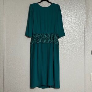 Miss Elliette Vintage Teal Green Embroidered Floral Pleated Midi Dress Retro L
